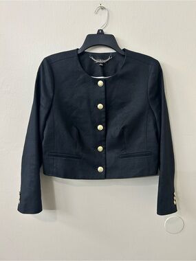 J.Crew Louisa lady jacket cropped fit collarless neckline and gold buttons Sz 4
